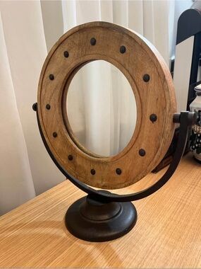 Wood-Framed Round Rustic Table Mirror with metal black Base